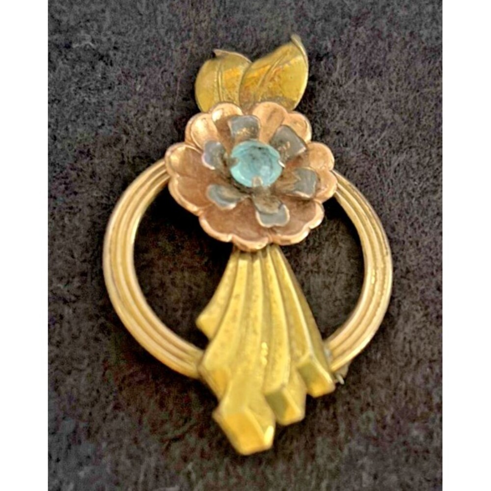 Vintage Harry Iskin 12K Gold Filled Flower Circle Brooch Blue Rhinestone Pin